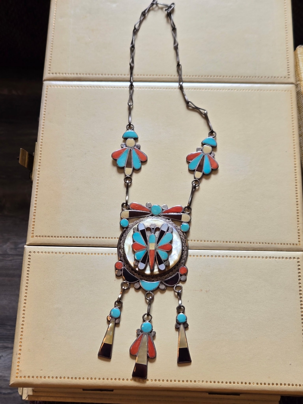 Vtg. TI signed native american sterling necklace: turquoise, etc...